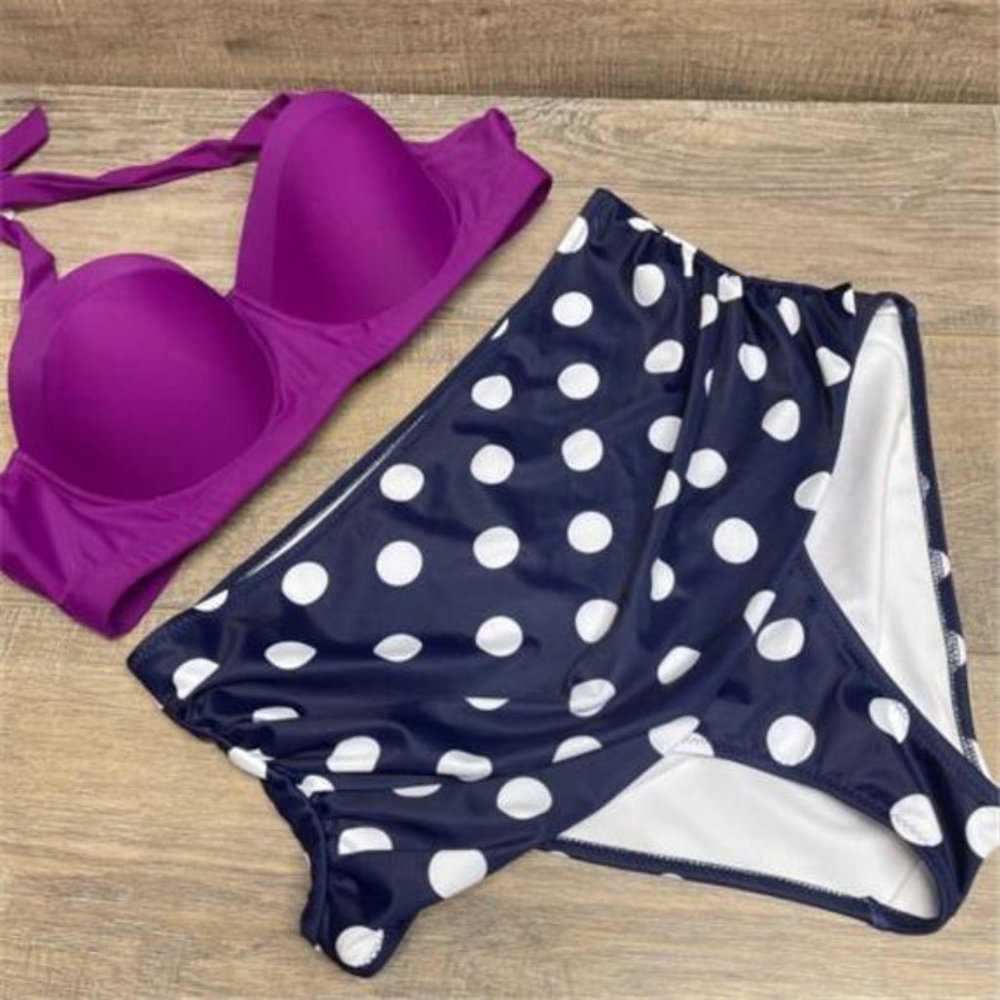 Women Vintage Swimsuits High Waisted Retro Polka Dot Bikini Set Bathing Suit 2XL
